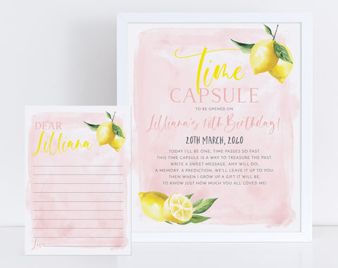 Lemon Time Capsule, 1st Birthday Time Capsule Sign, Time Capsule Template, Lemon 1st Birthday, Time Capsule Template Digital, Pink Lemonade