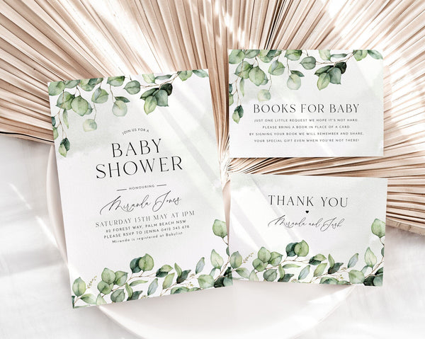 Greenery Baby Shower Invitation Set, Eucalyptus Invitation Template Pack, Gender Neutral Baby Shower, Baby Boy Printable Invite Pack, Leaves