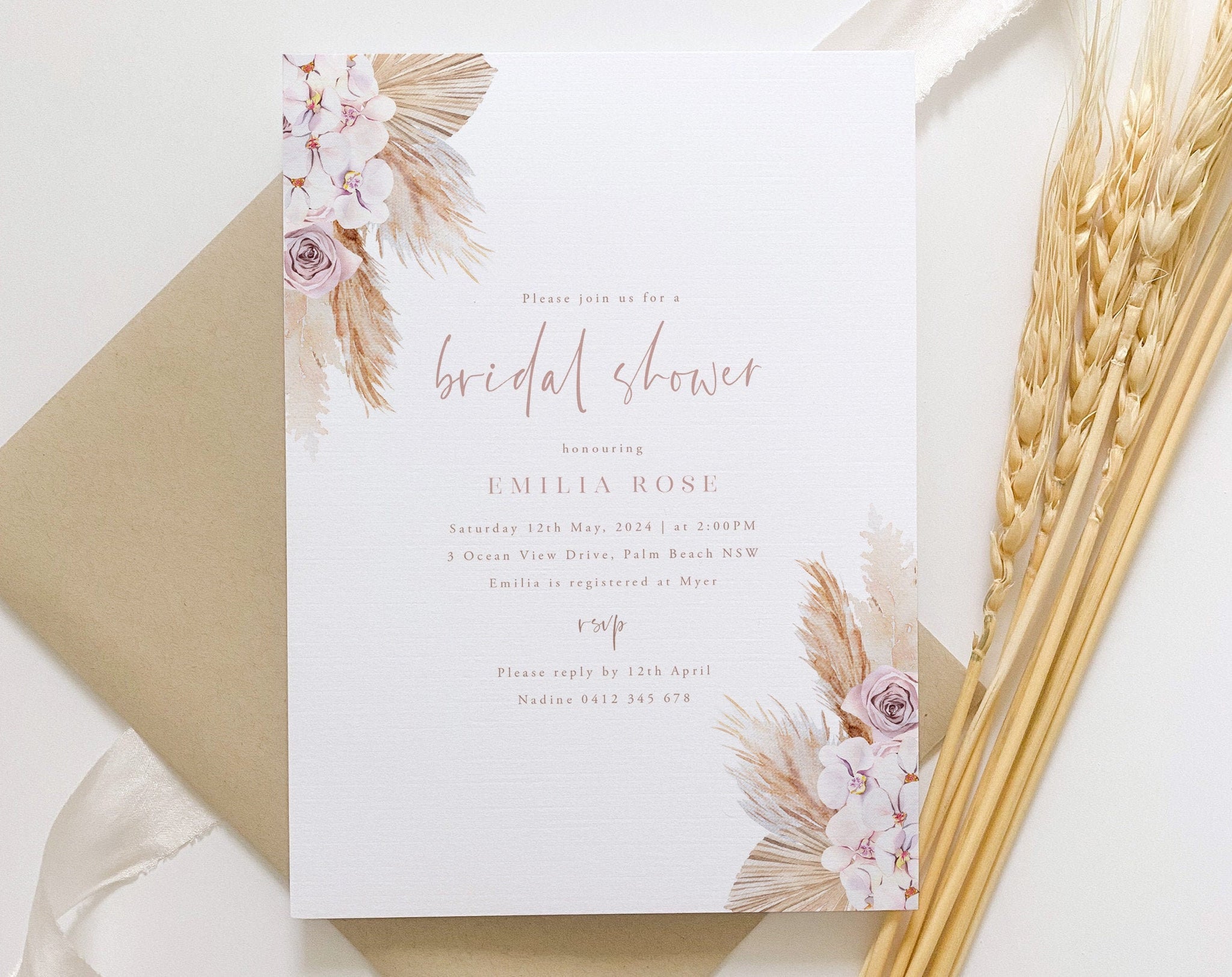 Boho Bridal Shower Invitation, Boho Invitation Template, Pampas Grass, Fan Palm, Orchid, Rose, Dried Flower, Boho Invitation, Wedding Shower