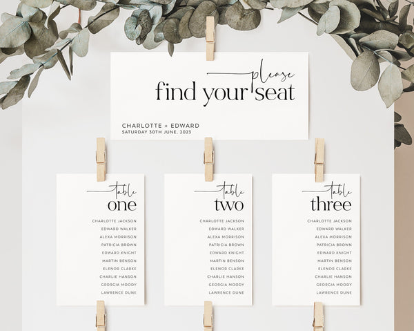 Wedding Seating Chart Card Template, Minimalist Wedding Seating Chart Cards, Modern Seating Chart Card, Table Number Seating Card, Charlotte