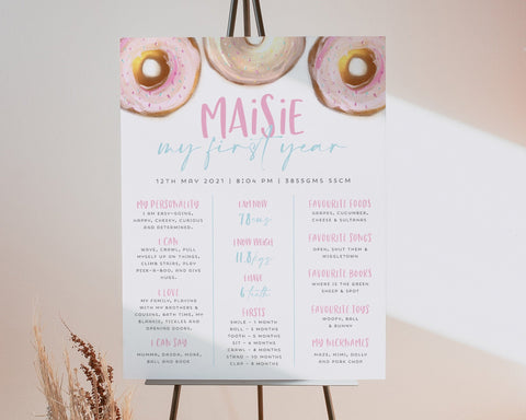 First Birthday Milestone Sign, Donut 1st Birthday Milestone Board, 1st Birthday Girl, Baby First Birthday, Baby Milestone Sign 1st Birthday