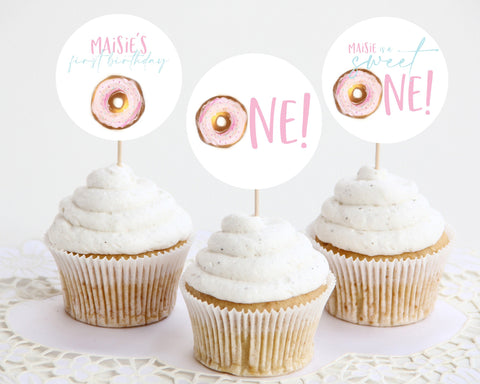 Donut Cupcake Toppers, Printable Cupcake Topper, Sweet One Cupcake Topper, 1st Birthday Editable Cupcake Toppers, Donut Grow Up 1st Birthday