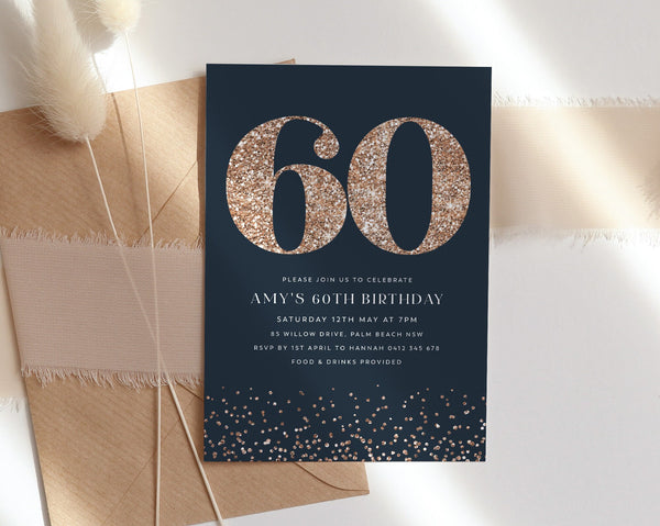 60th Birthday Invitation, 60th Party Template, Rose Gold Glitter, Editable Party Template, Glitter, 60, Sixty, 60th Birthday Invite