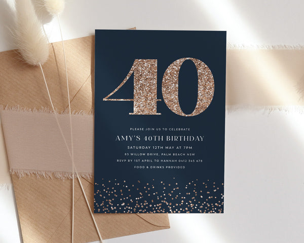 40th Birthday Invitation, Bday Invitation Template, Rose Gold Glitter, Editable Template, Glitter, 40, Forty, White 40th Birthday Invite