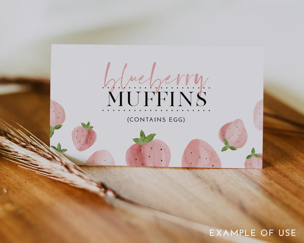 Strawberry Food Labels, Berry Food Label Card, Food Tent Card, Birthday Food Tags, Folded Food Cards, Tented Food Labels, Berry Food Cards