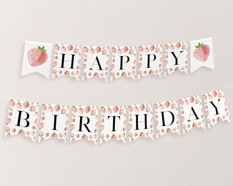 Happy Birthday Banner Printable, Happy 1st Birthday Banner, First Birthday Decor, Strawberry Birthday Banner, Berry Birthday Banner Editable