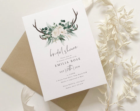 Boho Bridal Shower Invitation, Bohemian Invitation Template, Kitchen Tea Invite, Antlers and Flower, White Flower, Boho Antler Invitation