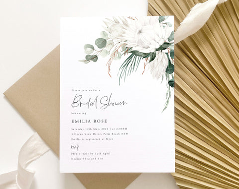 Bridal Shower Invitation, Floral Invitation Template, Kitchen Tea Invite, White Protea Bouquet, White Flower, Printable Protea Invitation