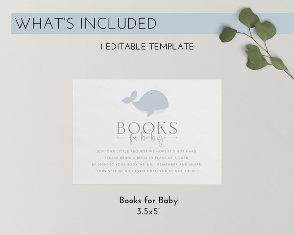 Books For Baby Card Printable, Book Request Card, Blue Whale Baby Shower Book For Baby, Blue Whale Invitation, Blue Baby Shower Printables