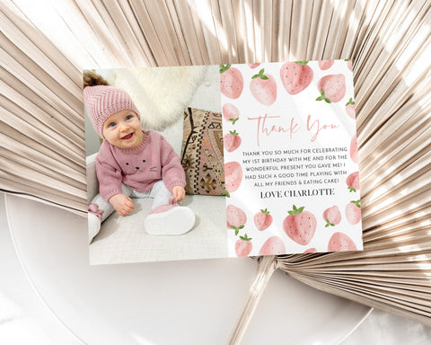 Strawberry Thank You Card Template, Printable Thank You Card, Birthday Thank You Card Editable Template, Berry First Birthday Thank You Card