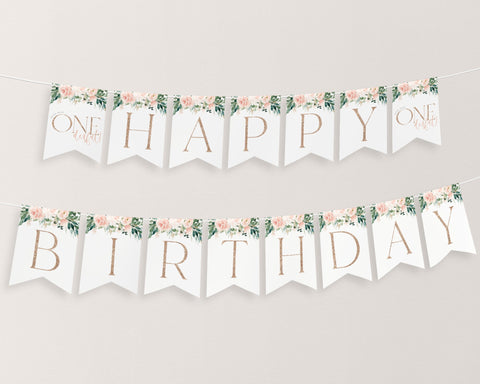 ONEderful Birthday Banner, Happy Birthday Banner Printable, Happy 1st Birthday Banner, 1st Birthday Decor, Floral Rose Gold Birthday Banner