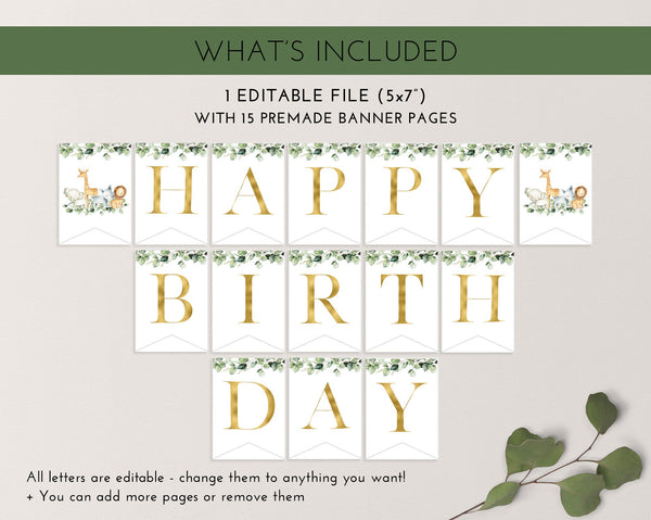 Happy Birthday Banner Printable, Happy 1st Birthday Banner, First Birthday Decor, Wild One Birthday Banner, Safari Birthday Banner Editable