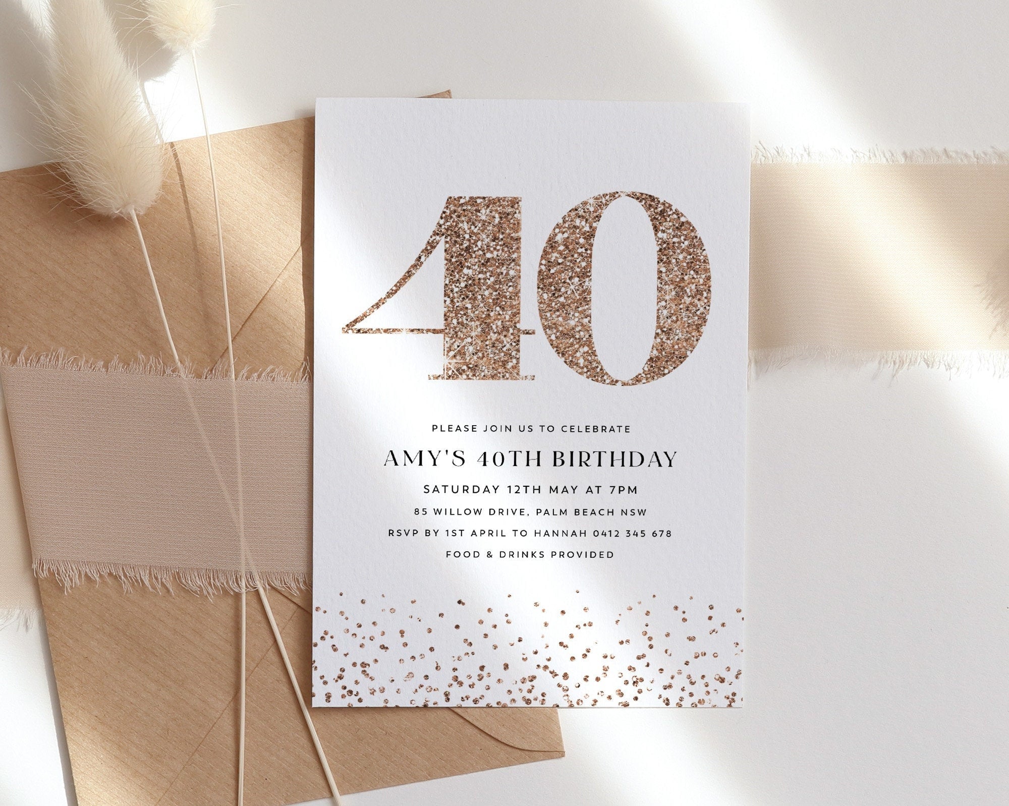 40th Birthday Invitation, Bday Invitation Template, Rose Gold Glitter, Editable Template, Glitter, 40, Forty, White 40th Birthday Invite