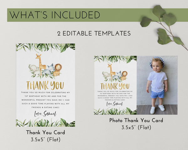 Thank You Card Template, Printable Thank You Card, Birthday Thank You Card Editable Template, Wild One Thank You Card, Safari Thank You Card