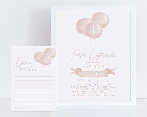 Pink Balloons Time Capsule, 1st Birthday Time Capsule Sign, Time Capsule Template, Pink 1st Birthday, Time Capsule Template Digital, Girls