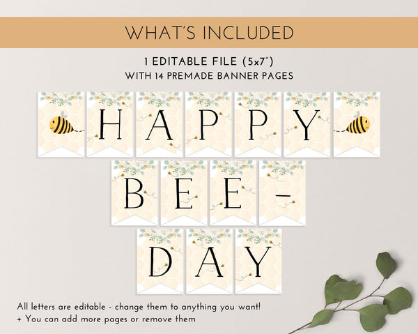 Happy Bee Day Banner Printable, Happy 1st Birthday Banner, Bee First Birthday Decorations, Bee Birthday Banner Editable, First Bee Day