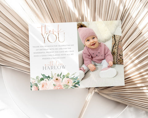 Birthday Thank You Card Template, Printable Thank You Card, Thank You Card Editable Template, Miss ONEderful Thank You Card, Pink Flowers