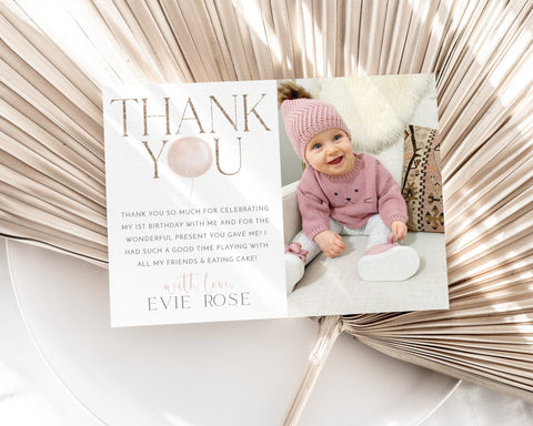 Birthday Thank You Card Template, Printable Thank You Card, Thank You Card Editable Template, Pink Balloon Thank You Card, Pink Rose Gold