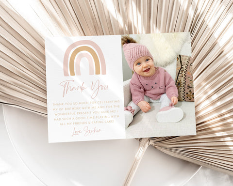 Rainbow Thank You Card Template, Printable Thank You Card, Thank You Card Editable, Pink Rainbow Thank You Card, Rainbow 1st Birthday Thanks