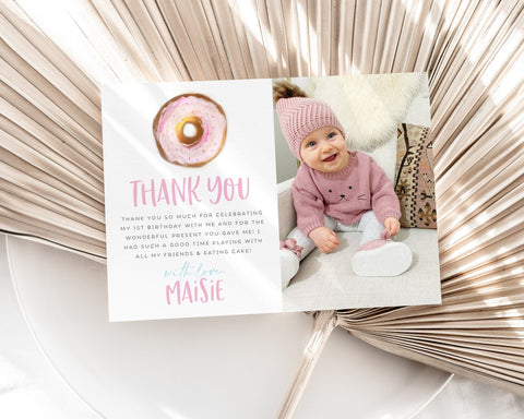 Donut Thank You Card Template, Printable Thank You Card, Birthday Thank You Card Editable Template, Donut First Birthday Thank You Card Pink