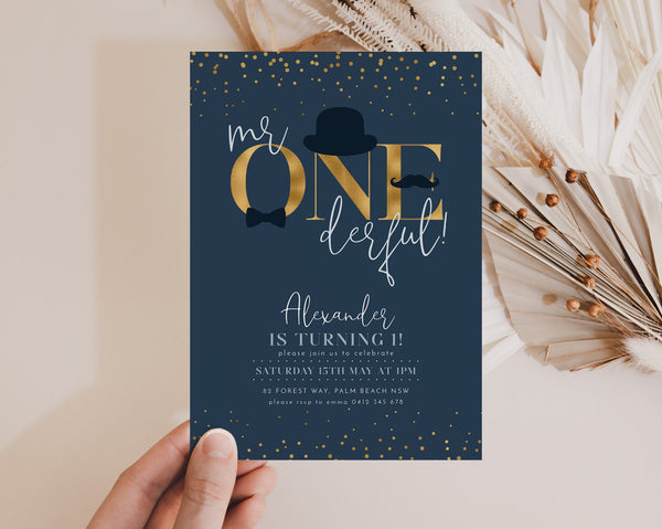 Mr ONEderful Invitation, 1st Birthday Boy Invitation, Blue First Birthday Invitation Boy, Top Hat Moustache Bow Tie Mr Onederful Invitation