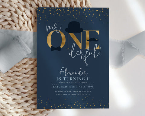 Mr ONEderful Invitation, 1st Birthday Boy Invitation, Blue First Birthday Invitation Boy, Top Hat Moustache Bow Tie Mr Onederful Invitation