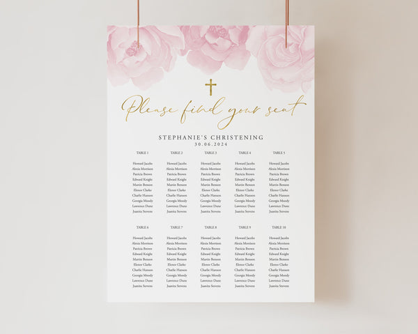 Seating Chart, Christening Seating Chart, Baptism Seating Chart Template, Pink Floral Seating Chart, Editable Seating Plan, Christening