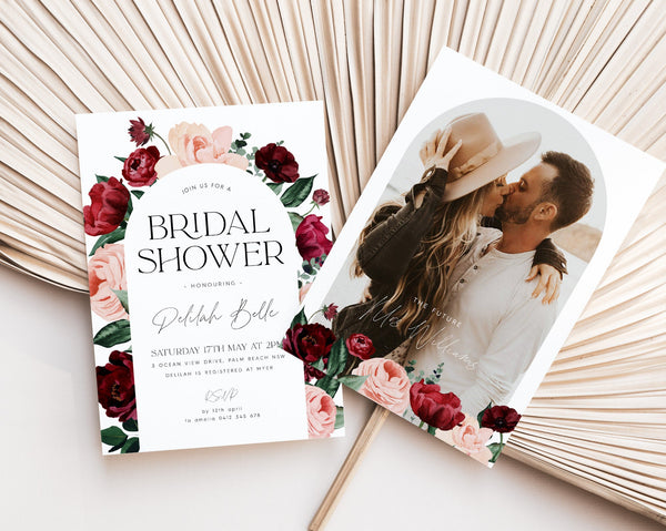 Arch Bridal Shower Invitation, Burgundy Blush Bridal Shower Invitation, Floral Kitchen Tea Invitation Template, Flower Bridal Brunch Invite