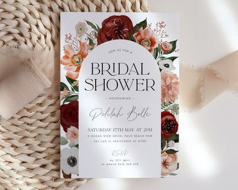 Red Flower Bridal Shower Invitation, Marsala Arch, Burgundy Bridal Shower Invitation, Floral Kitchen Tea Invitation Template, Bridal Brunch