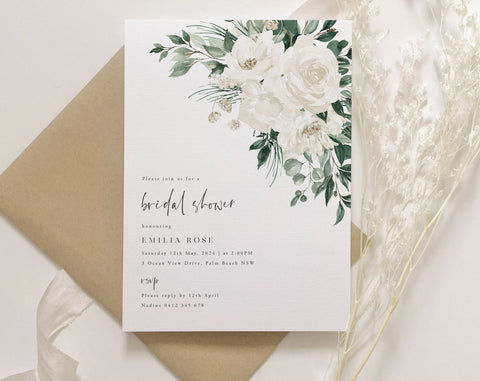 Bridal Shower Invitation, Floral Invitation Template, Eucalyptus Kitchen Tea Invitation, White Flowers Peonies Roses, Printable Invitation