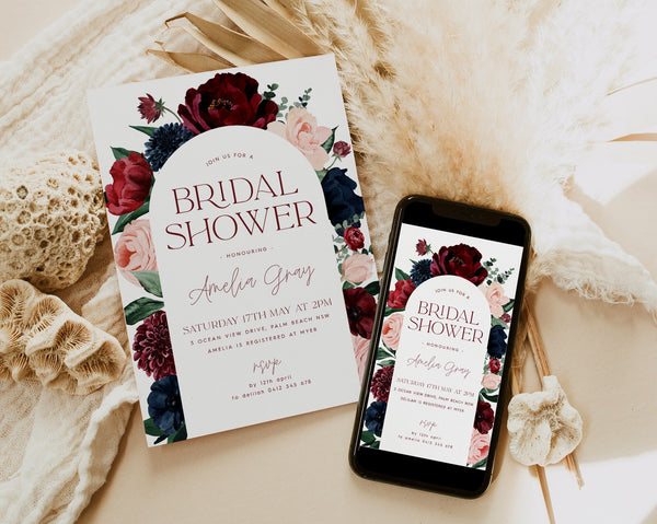 Arch Bridal Shower Invitation, Burgundy Navy Bridal Shower Invitation, Floral Kitchen Tea Invitation Template, Flower Bridal Brunch Invite