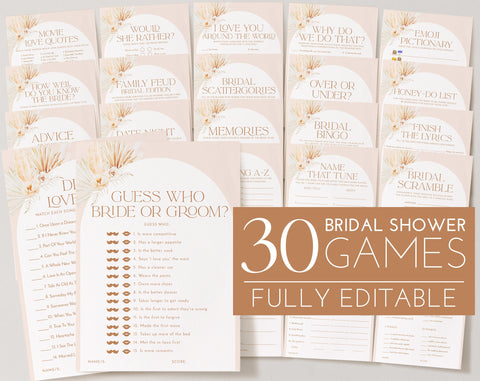 Boho Bridal Shower Games, Bridal Shower Editable Games, Printable Games, Boho Games Pack, Dried Flowers, Pampas Grass, Dried Palms Bridal