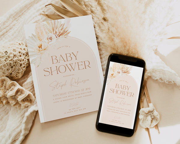 Boho Baby Shower Invitation, Boho Floral Baby Shower, Baby Girl Baby Shower Invite, Dried Flower Invitation, Boho Invitation, Arch Invite