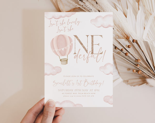 Onederful Invitation, Isnt She Onederful 1st Birthday Invitation, Hot Air Balloon Invitation, 1st Birthday Girl, Printable Invitation Pink