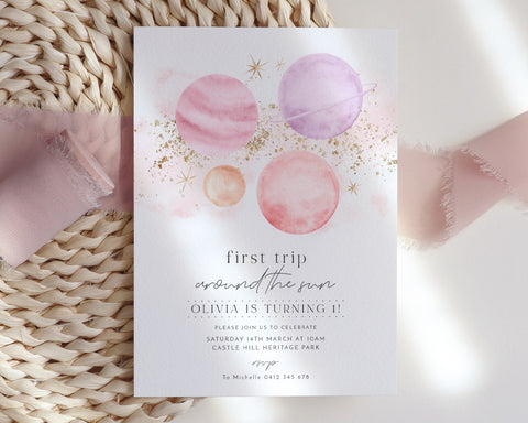 First Trip Around The Sun Birthday Invitation Template, Girls First Birthday Space Invitation, Sun Invitation, Printable 1st Birthday Space