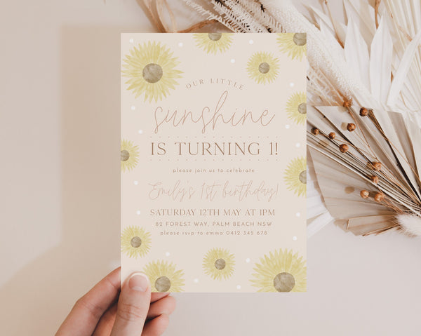 Sunshine Birthday Invitation, Sunflower 1st Birthday Invite, Sunshine Invitation, Sunflower Birthday, 1st Birthday Girl, Boho Sunflower Pink