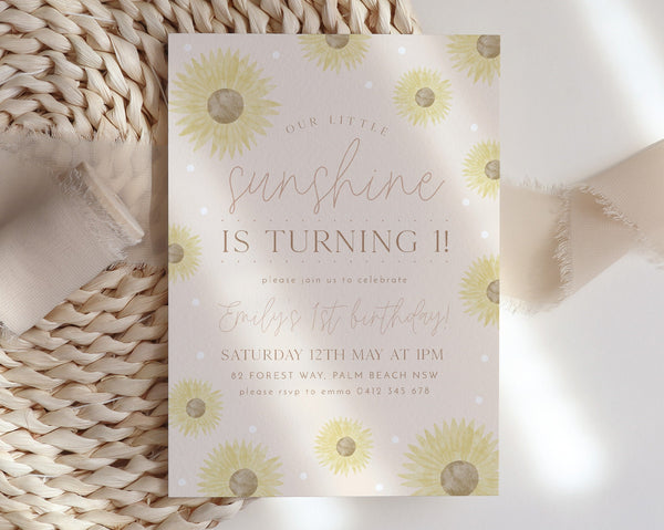 Sunshine Birthday Invitation, Sunflower 1st Birthday Invite, Sunshine Invitation, Sunflower Birthday, 1st Birthday Girl, Boho Sunflower Pink