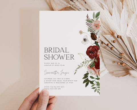 Red Flower Bridal Shower Invitation, Burgundy Bridal Shower Invitation, Floral Kitchen Tea Invitation Template, Fall Bridal Brunch Invite