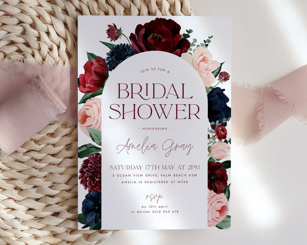 Arch Bridal Shower Invitation, Burgundy Navy Bridal Shower Invitation, Floral Kitchen Tea Invitation Template, Flower Bridal Brunch Invite