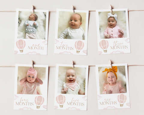 First Year Photos, 1st Birthday Milestone Photos, Baby's First Year Month Photo Banner, Pink Hot Air Balloon ONEderful Photo Banner Girl