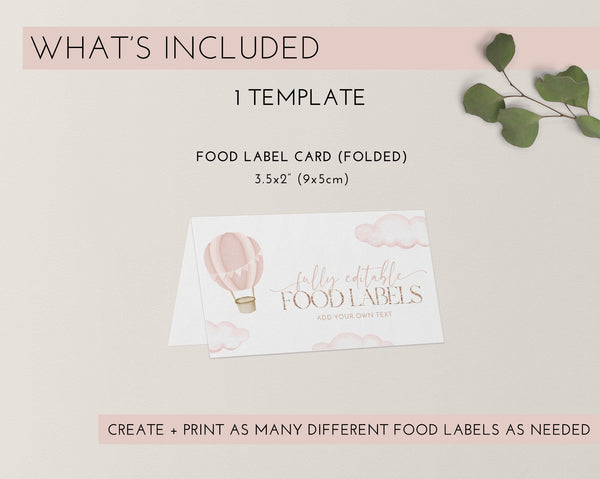 Hot Air Balloon Food Labels, Onederful Food Label Card, Food Tent Card, Birthday Food Tags, Folded Food Cards, Tented Food Labels, Girls