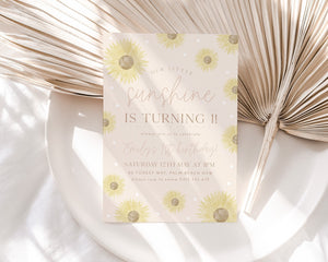 Sunshine Birthday Invitation, Sunflower 1st Birthday Invite, Sunshine Invitation, Sunflower Birthday, 1st Birthday Girl, Boho Sunflower Pink