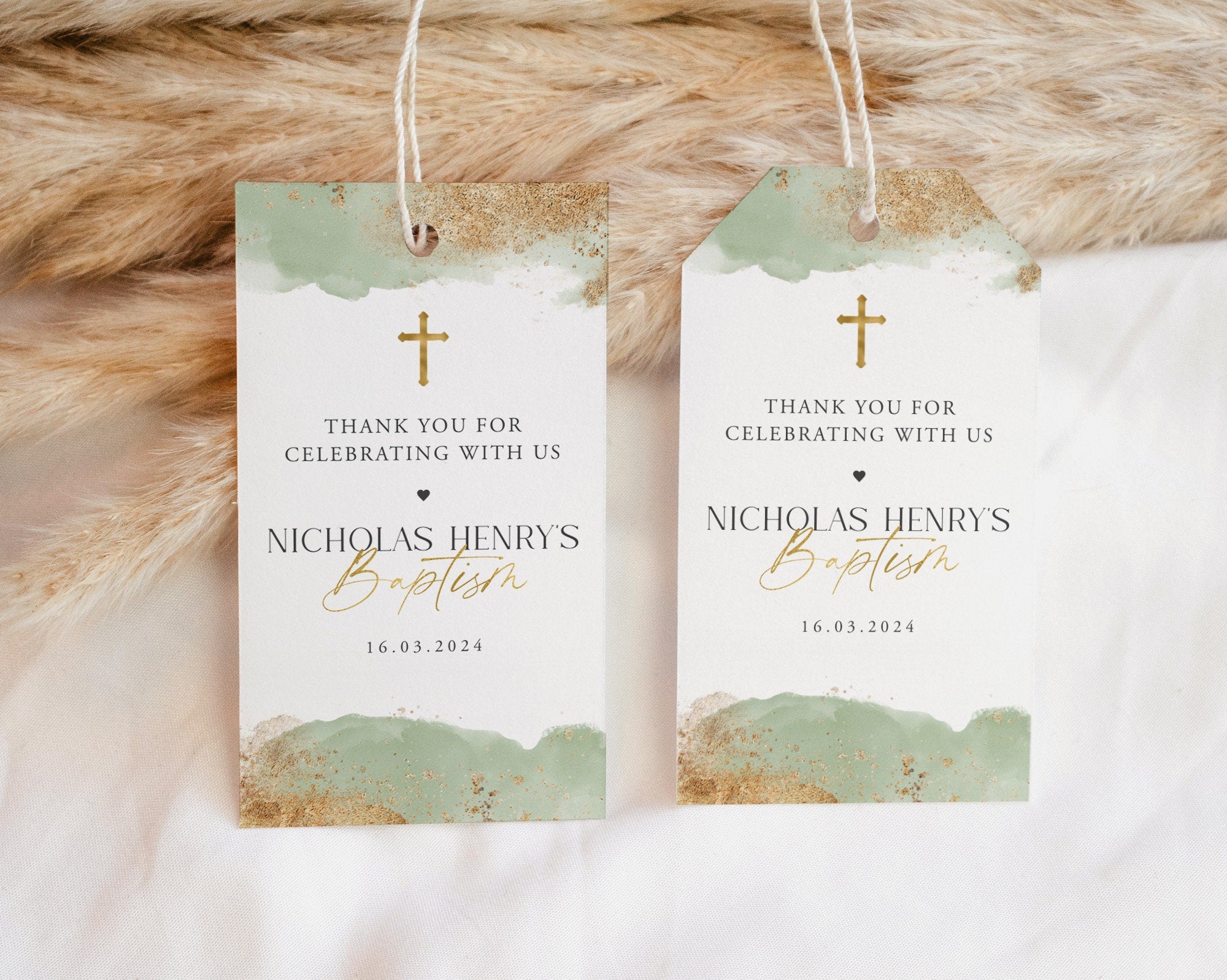 Baptism Favour Tags, Editable Tags, Christening Favor Tags, Sage and Gold Favour Tags, Thank You Tag, Baptism Gift Tags, Rectangle Favor Tag