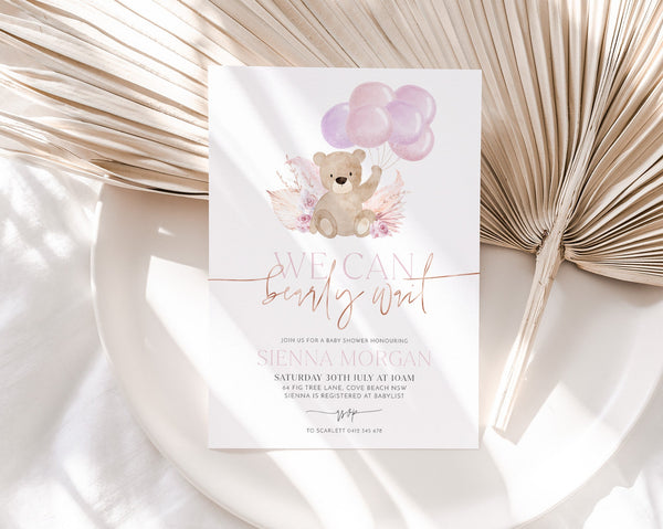 Bear Balloons Baby Shower Invitation Template, We Can Bearly Wait Boho Baby Shower Invite, Printable Shower Invite, Editable Bear Invitation