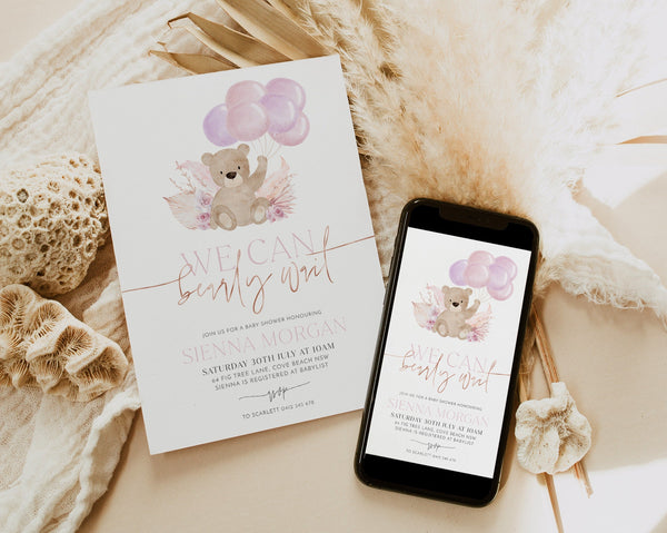 Bear Balloons Baby Shower Invitation Template, We Can Bearly Wait Boho Baby Shower Invite, Printable Shower Invite, Editable Bear Invitation