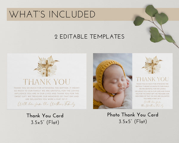 Thank You Card Template, Printable Thank You Card, Instant Download Thank You Cards, Christening Thank You, Boho Gold Baptism Thank You Card