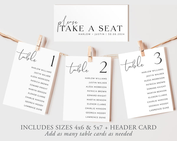 Wedding Seating Card Template, Minimalist Wedding Seating Chart Cards, Modern Seating Cards, Table Number Seating Card, Table Cards, Harlow