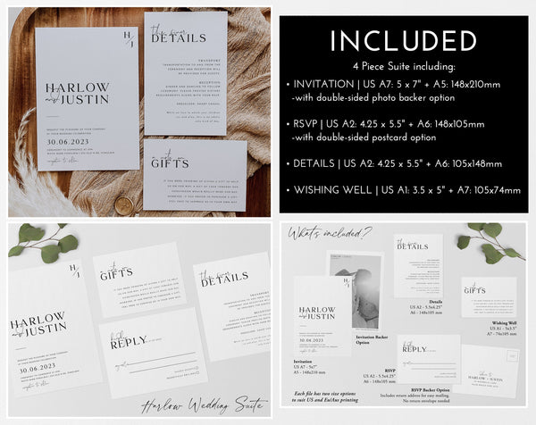 Wedding Invitation Bundle, Minimalist Wedding Invitation Template, Wedding Suite, Printable Wedding Invitation, Editable Modern, Harlow