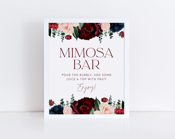 Mimosa Sign, Mimosa Bar Sign, Bridal Shower Mimosa Bar Sign, Juice Labels, Mimosa Juice Tags, Baby Shower Momosa Sign, Burgundy Navy Flowers