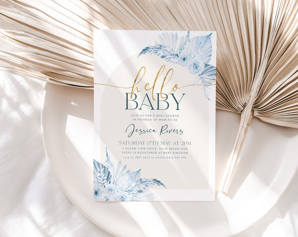 Boho Baby Shower Invitation, Boho Floral Baby Shower, Boy Baby Shower Invite, Dried Flower Invitation, Boho Invitation Boy, Arch Boho Blue